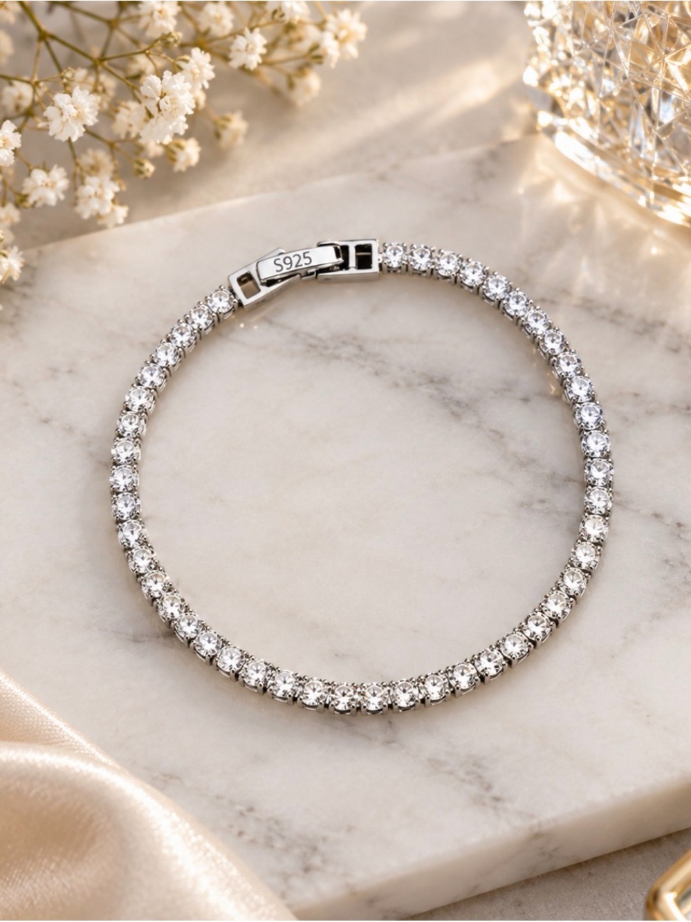 S925 Sterling SilverTennis Bracelet Rhinestone CZ Sparkling Tennis Chain Bracele